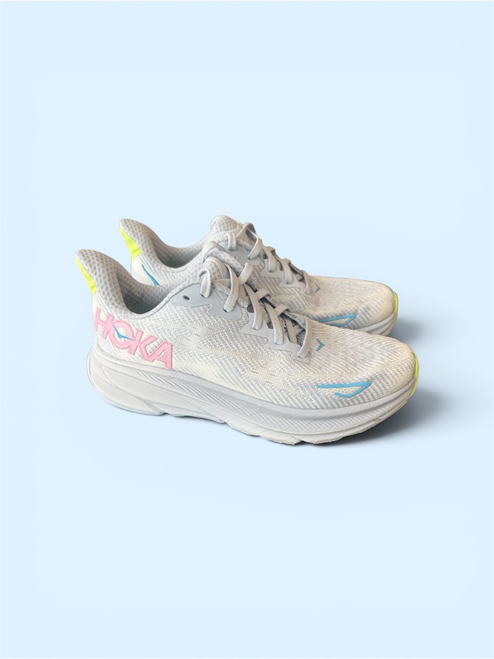 Hoka Clifton 9 Kids' Light Blue Gray, Pink, & Neon Yellow Accents